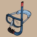 Dive mask and snorkel for professionals. Vector illustration. Hand drawn dive mask and snorkel for diving