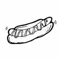 Vector illustration. Hand drawn doodle of hot dog with mustard. Unhealthy food. Cartoon sketch. Decoration for menus, signboards,