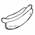 Vector illustration. Hand drawn doodle of hot dog with mustard. Unhealthy food. Cartoon sketch. Decoration for menus, signboards,