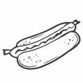 Vector illustration. Hand drawn doodle of hot dog with mustard. Unhealthy food. Cartoon sketch. Decoration for menus, signboards,