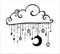 vector illustration of a hand-drawn Doodle-style cloud with a black moon and stars and dots. night star and stars on strings Royalty Free Stock Photo