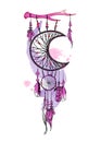 Vector illustration with hand drawn dream catcher and watercolor stains. Feathers and beads.