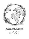 Vector illustration of hand-drawn global, earth, planet cool sketch with signature our planet is art Royalty Free Stock Photo