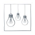 Vector illustration. Hand drawn ink sketch with three light bulbs in square frame. Symbol of idea, new solution and creativity.