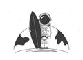 Vector illustration: Hand drawn line astronaut surfer with surfboard,