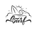 Hand drawn line emblem with lettering of Surfing with waves, surfboard and sun Royalty Free Stock Photo