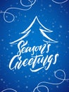 Hand drawn modern brush lettering of Seasons`s Greetings on blue snowflakes background. Royalty Free Stock Photo