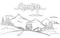 Vector illustration: Hand drawn mountains landscape with rides car and handwritten lettering road trip.