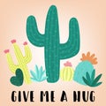 Vector illustration of hand-drawn multicolored cacti with the inscription Give me a hug. Image on South American theme for childre