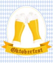 Vector illustration of hand drawn oktoberfest poster with two flat beer mugs on rhombic oktoberfest background