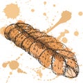 Hand drawn outlines of bread pigtail with abstract brown fill and sprays