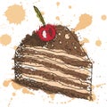 Hand drawn outlines of chocolate cake with cherry abstract brown fill and sprays