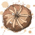 Hand drawn outlines of round bread with abstract brown fill and sprays