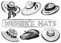 Vector illustration of hand drawn set of sketch women\'s hats. Vintage and retro style. Female Fashion.