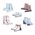 Illustration of Hand drawn set with winter women shoes. Color top view footwear for female and lady. Fashion design for