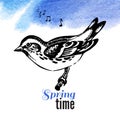 Vector illustration of hand drawn sketch bird. Spring time watercolor background