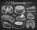 Vector illustration of hand drawn sketch cheesecakes. Food, dessert, slice of cake with cheese. Cheesecake with berries and f