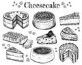 Vector illustration of hand drawn sketch cheesecakes. Food, tasty dessert, slice, piece, cake with cheese. Cheesecake with berries Royalty Free Stock Photo