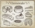 Vector illustration of hand drawn sketch cheesecakes. Food, tasty dessert, slice, piece, cake with cheese. Cheesecake Royalty Free Stock Photo