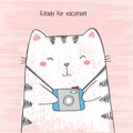 Vector illustration of hand drawn sketch crtoon white cat hugs his photo camera on scratched grunge pink background peeking out