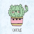 Vector illustration of hand drawn sketch cute kawaii cat cactus in a flowerpot in anime style with lettering catctus