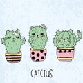 Vector illustration of hand drawn sketch set cute kawaii cat cactus in a flowerpot in anime style with lettering catctus