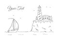 Hand drawn sketch with yacht and lighthouse. Line design