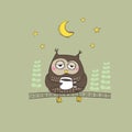 A sleepy owl with a cup of coffee on the tree branch Royalty Free Stock Photo