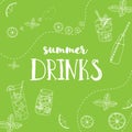 Vector illustration of hand drawn summer drinks. Lettering poster on the light green background with lemon slices. Royalty Free Stock Photo