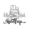 Vector illustration: Hand drawn travel car and handwritten lettering of Road Trip. Sketch line design