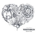 Vector illustration of hand drawn vector farm vegetables in heart form.