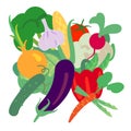 Vector illustration with hand drawn vegetables. Farm market products. Broccoli, cauliflower, cucumber, tomato, corn, eggplant,