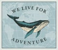 Travel banner with big hand-drawn whale and old map Royalty Free Stock Photo