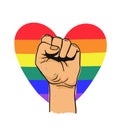 Vector illustration of hand fist with LGBTQ rainbow heart. Concept of pride, freedom, equality, rights, lesbian, gay, bisexual Royalty Free Stock Photo