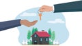 A vector illustration of a hand giving a house key to another, with a home background signaling property ownership transfer.