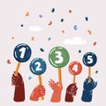 Vector illustration of Hand hold round score card banner plate with numbers. Votes jury judges of tournament or contest.