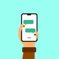 Vector and illustration of a hand holding a cell phone. accept chat. receive messages from friends