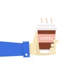 Vector illustration hand holding disposable coffee cup. Flat sty