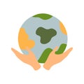 Vector illustration of a hand holding the Earth toll. Sticker, badge, print on the theme of protecting the natural