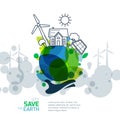 Vector illustration of hand holding earth with wind turbine, house, solar battery, bicycle and trees. Royalty Free Stock Photo