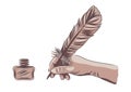 Vector illustration of a hand holding feather pen Royalty Free Stock Photo