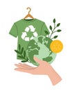 Vector illustration of hand holding green recycling t-shirt, Reuse, Reduce, Recycle symbol, Earth planet globe. Slow sustainable Royalty Free Stock Photo