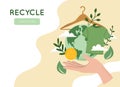 Vector illustration of hand holding green recycling t-shirt, Reuse, Reduce, Recycle symbol, Earth planet globe. Slow sustainable