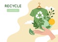 Vector illustration of hand holding green recycling t-shirt, Reuse, Reduce, Recycle symbol, Earth planet globe. Slow sustainable Royalty Free Stock Photo