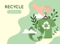 Vector illustration of hand holding green recycling t-shirt, Reuse, Reduce, Recycle symbol, Earth planet globe. Slow sustainable
