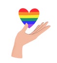 Vector illustration of hand holding LGBTQ rainbow heart colors. Concept of pride, freedom, equality, rights, lesbian, gay, Royalty Free Stock Photo
