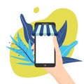 Vector illustration of hand holding smartphone with awning as shop symbol on blue foliage background. Technology online shopping Royalty Free Stock Photo