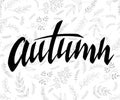 Vector illustration of hand lettering label - autumn - with doodle brunches and leaves