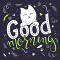 Vector illustration of hand lettering text - good morning. There is cute fluffy cats, surrounded with curly, swirly, paw