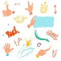 Vector illustration of hand motions icons set. Movements such as sign hi, cool and rock, choice, holds a tablet, super sign and a Royalty Free Stock Photo